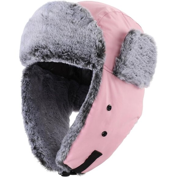 Men Pink Faux Fur Trapper Hat with Face Mask Winter Trooper Hunting Hat - Picture 2 of 9